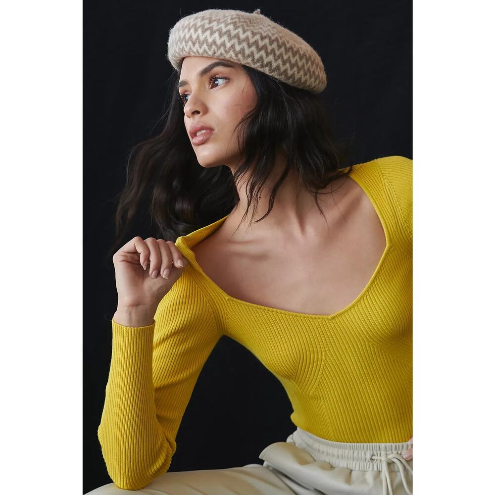 Anthropologie Chartreuse Sweetheart Neckline Ribbed‎ Bodycon Sweater - Medium